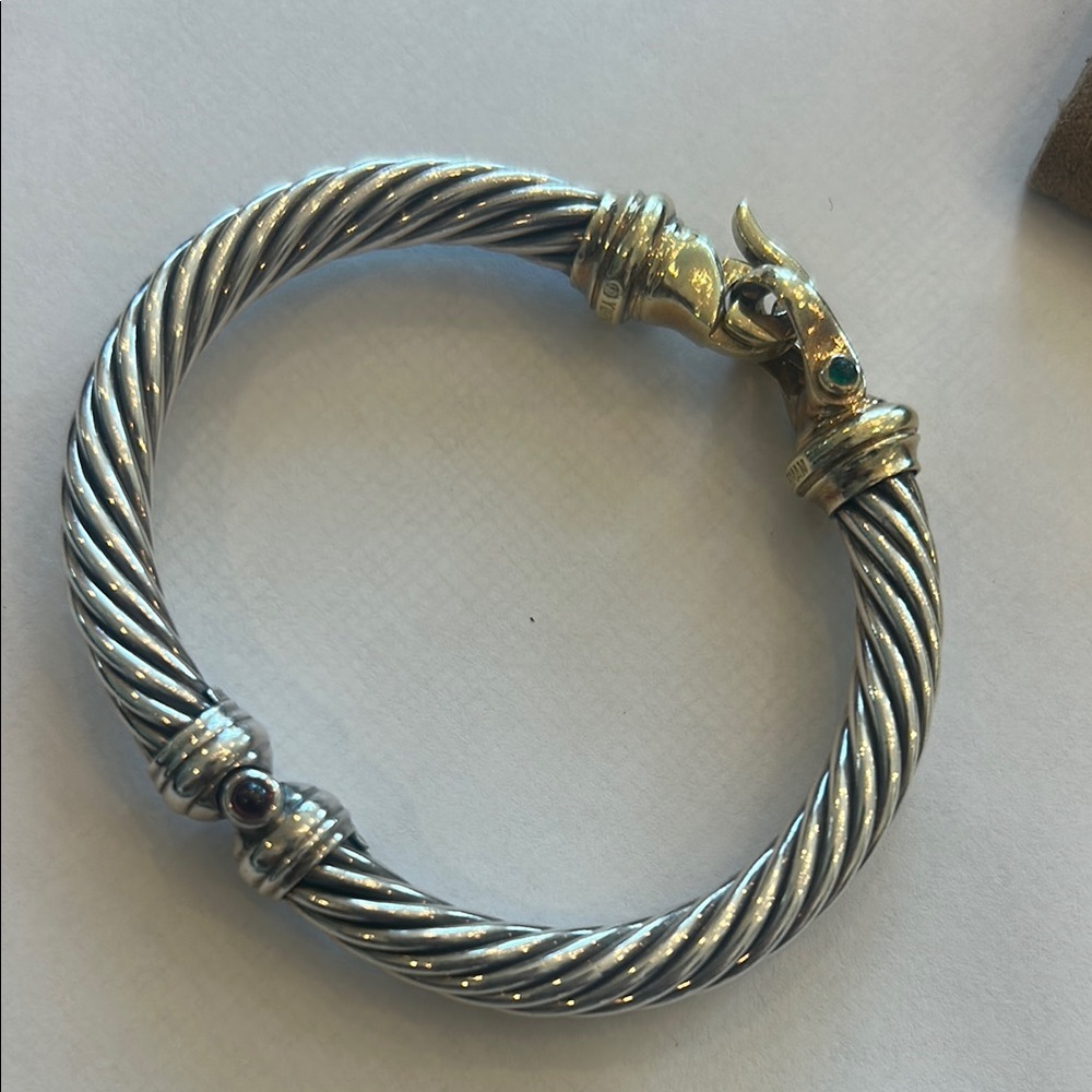 David Yurman 14KT & 925 cable bracelet with garnet and emerald accent gems.